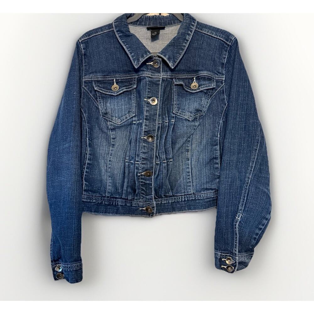 LANE BRYANT Women’s Blue Denim Jean Jacket Distressed Med. Wash Stretch Size 20
